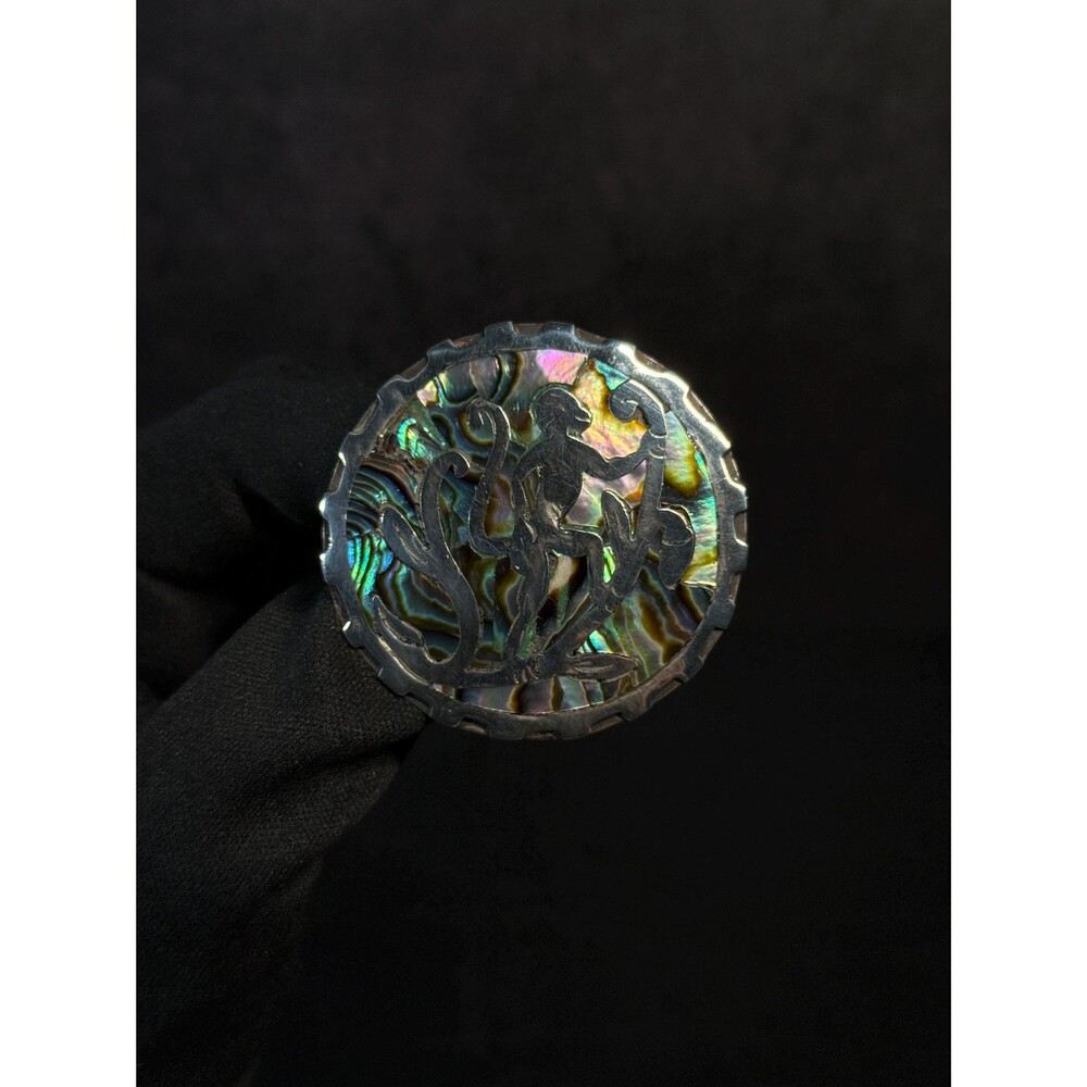 Taxco Sterling Silver Abalone Monkey Brooch Pendant Vintage